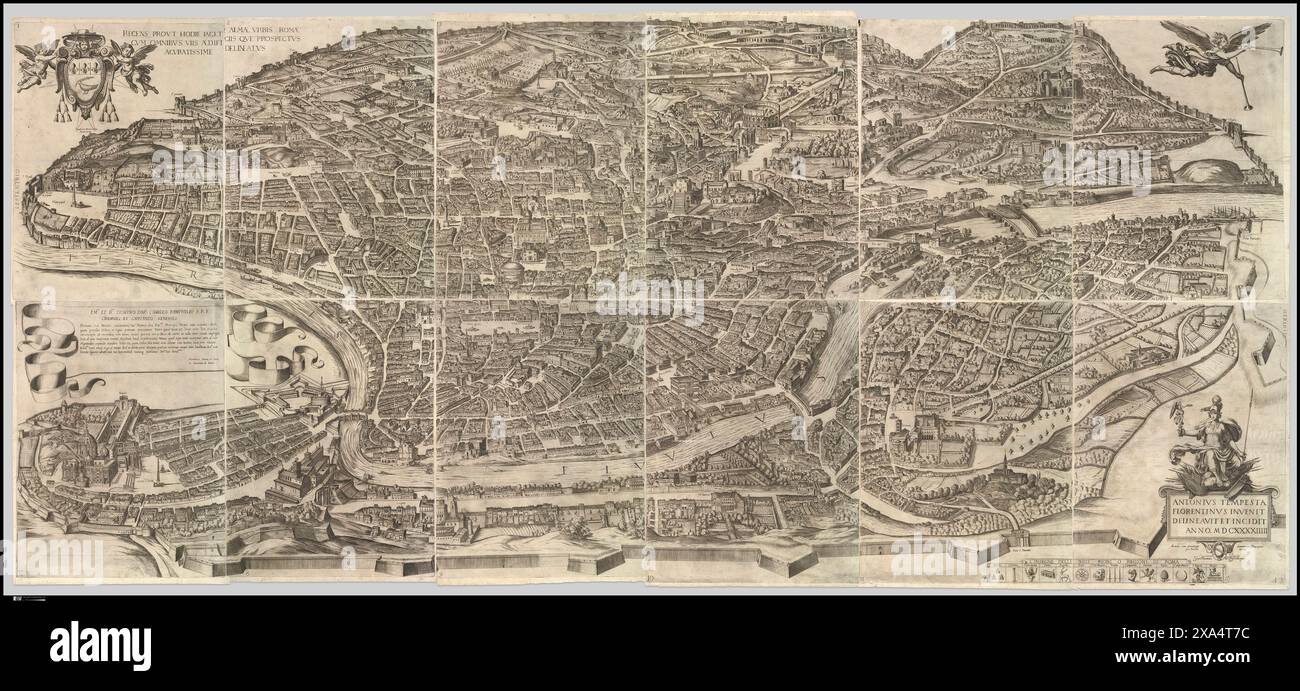 Plan of the City of Rome Antonio Tempesta 1645 -Plan or aerial view of the city of Rome, taken from the north-west. The map shows Rome in its late sixteenth-century condition. The map was first printed in 1593. This edition with changes dates to 1645. Stock Photo