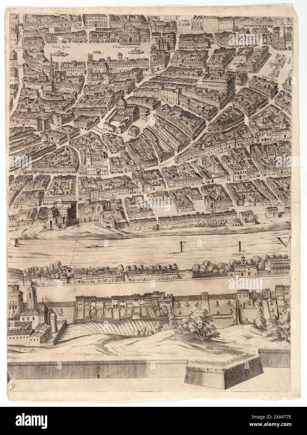 Plan of the City of Rome: Piazza Navona, the Campo di Fiore and the Sant' Onofrio by Antonio Tempesta  in 1645 Stock Photo