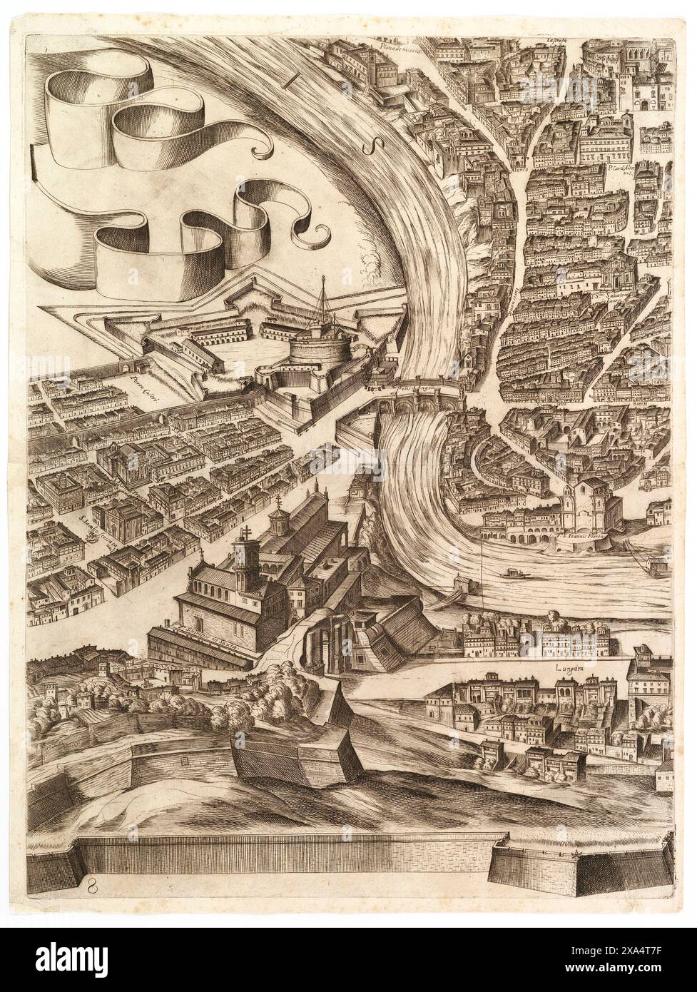 Plan of the City of Rome. Castel Sant'Angelo by Antonio Tempesta in 1645 Stock Photo
