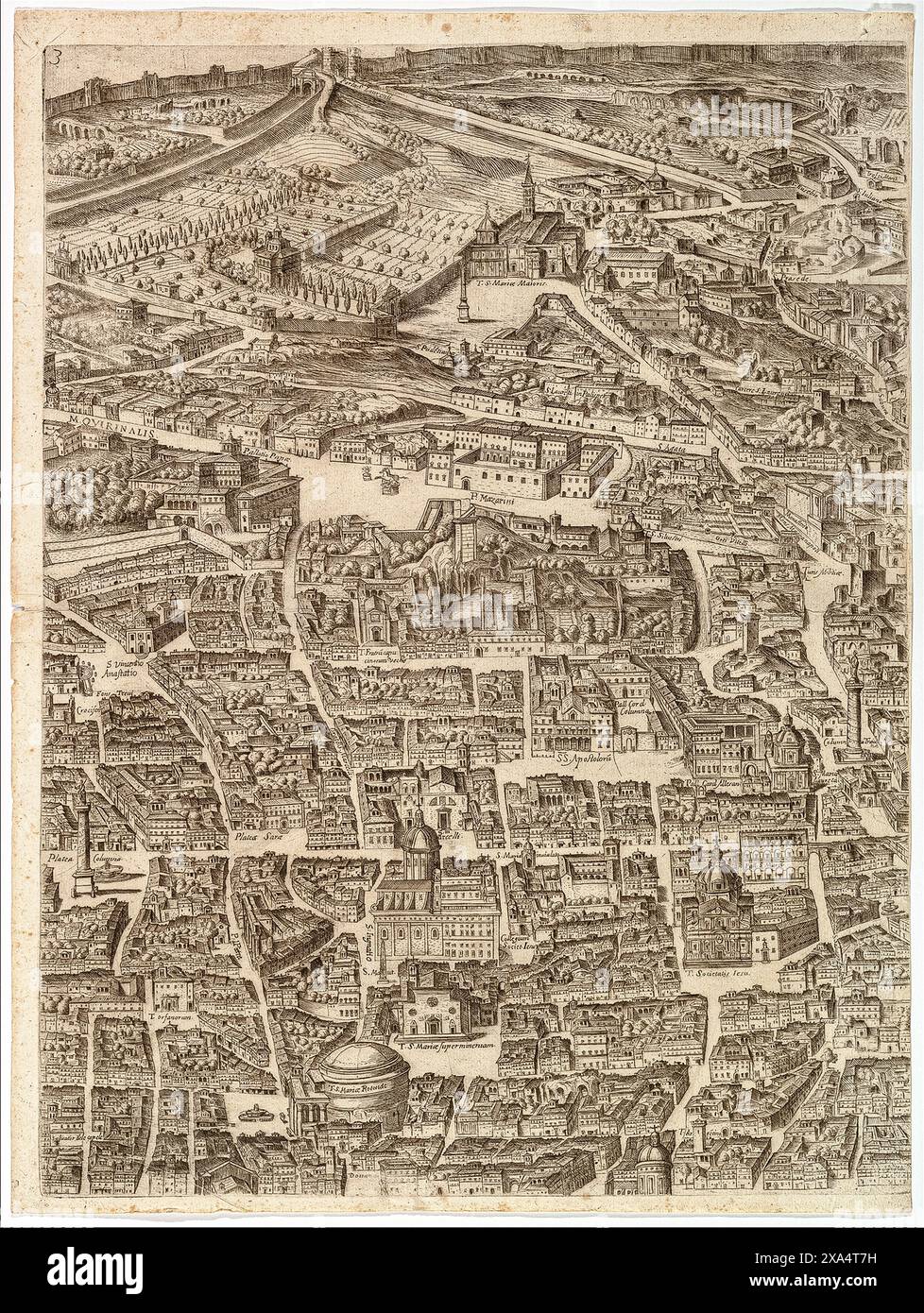 Plan of the City of Rome. the Santa Maria Maggiore, the Pantheon and Trajan's Column by Antonio Tempesta in 1645 Stock Photo