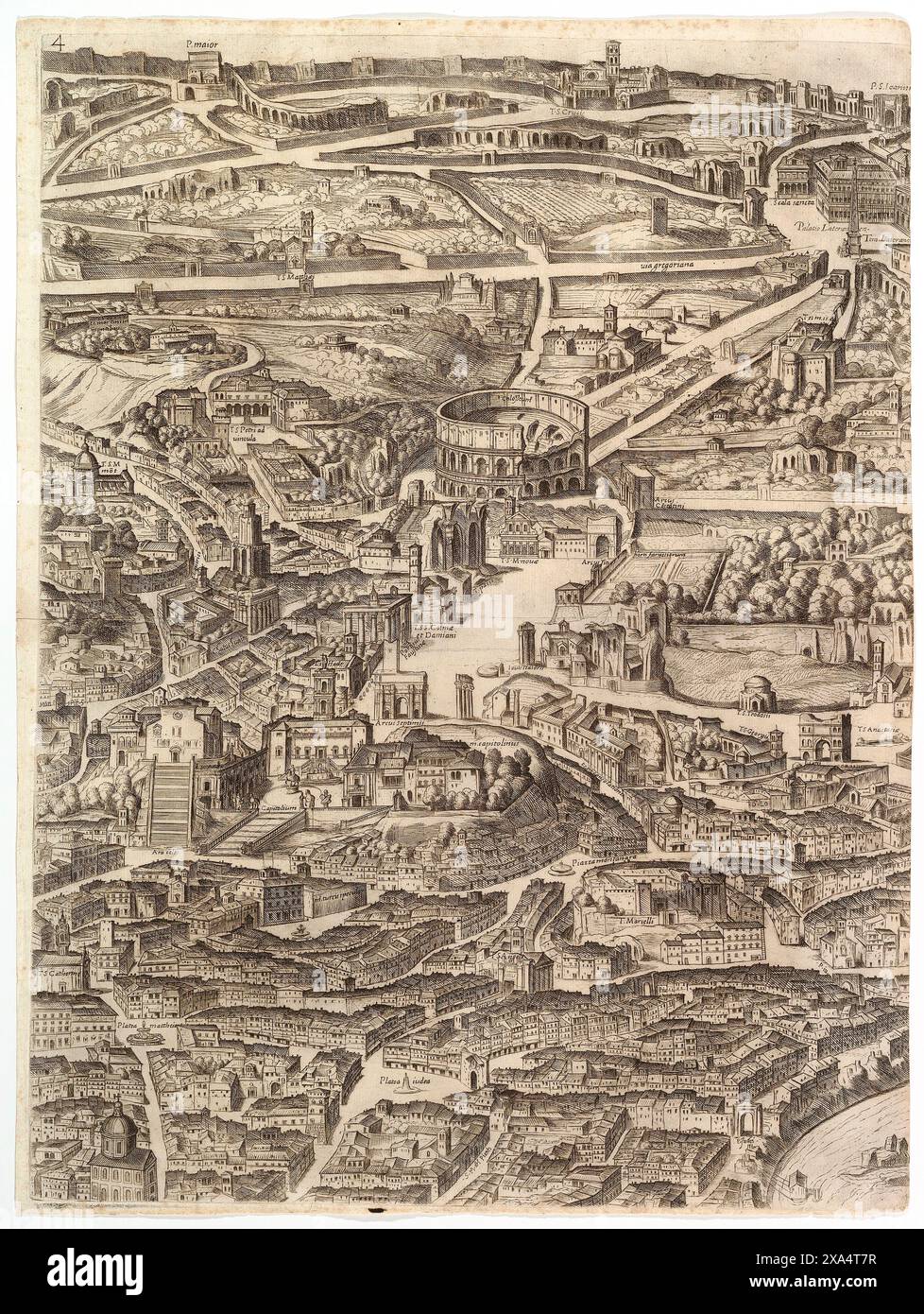 Plan of the City of Rome -  Santa Maria in Aracoeli, the Forum Romanum, the Colosseum and the Lateran Palace   by Antonio Tempesta in 1645 Stock Photo