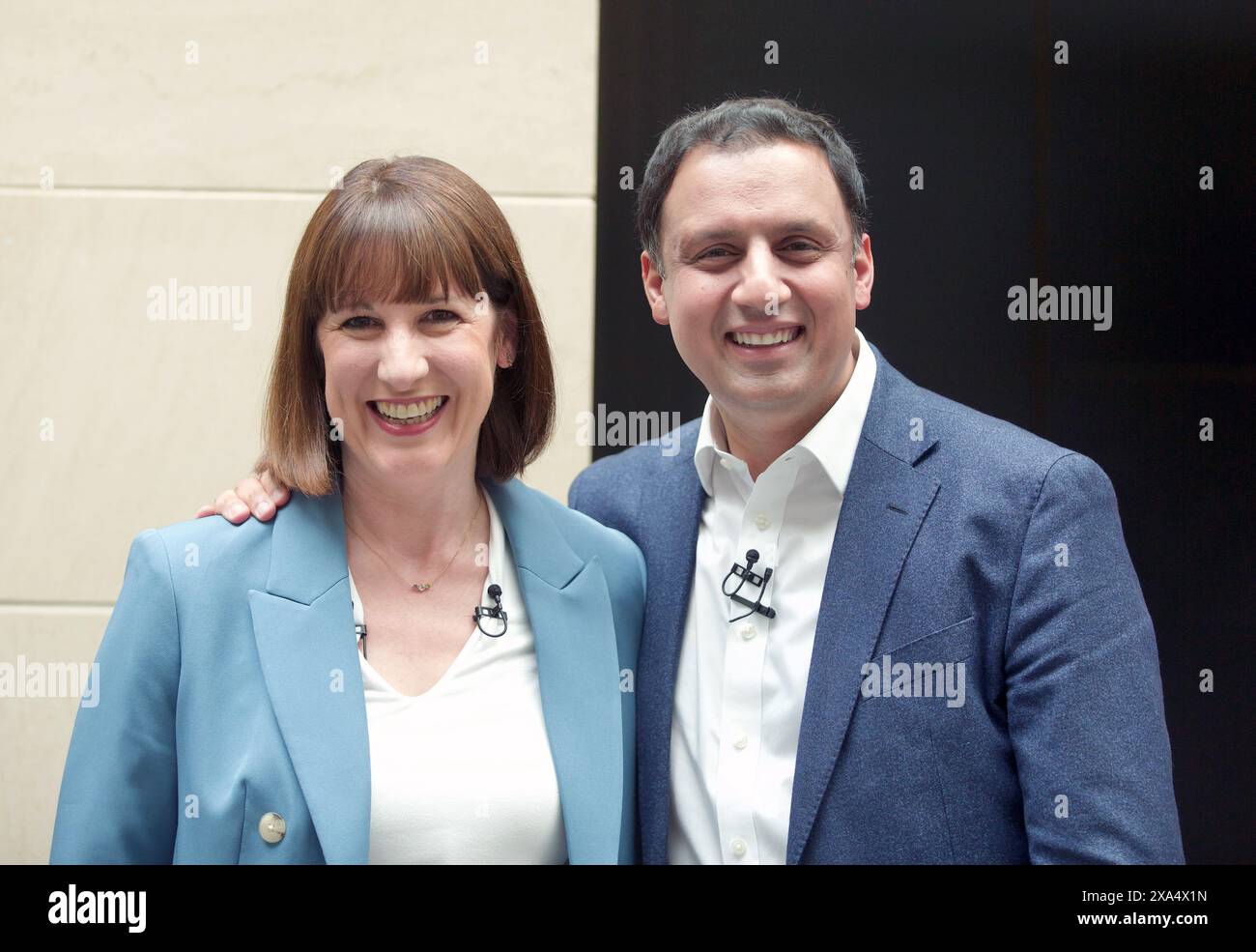 Edinburgh, UK, June 4th 2024: Rachel Reeves, the Shadow Chancellor, with Anas Sarwar, Scottish Labour leader, at the NatWest Group HQ in Edinburgh. Pic: DB Media Services / Alamy Live News Stock Photo