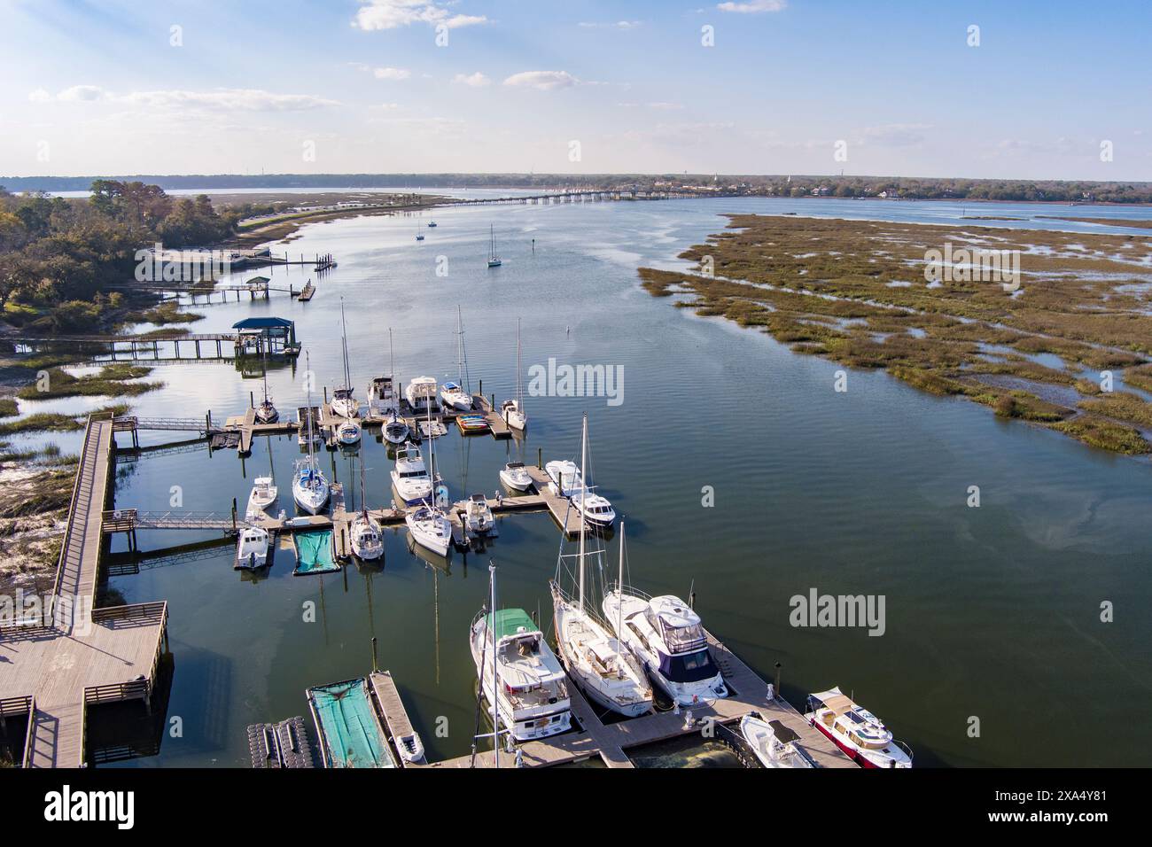 Aerial view of the Marina on Ladys Island in Beaufort, South Carolina. Stock Photo