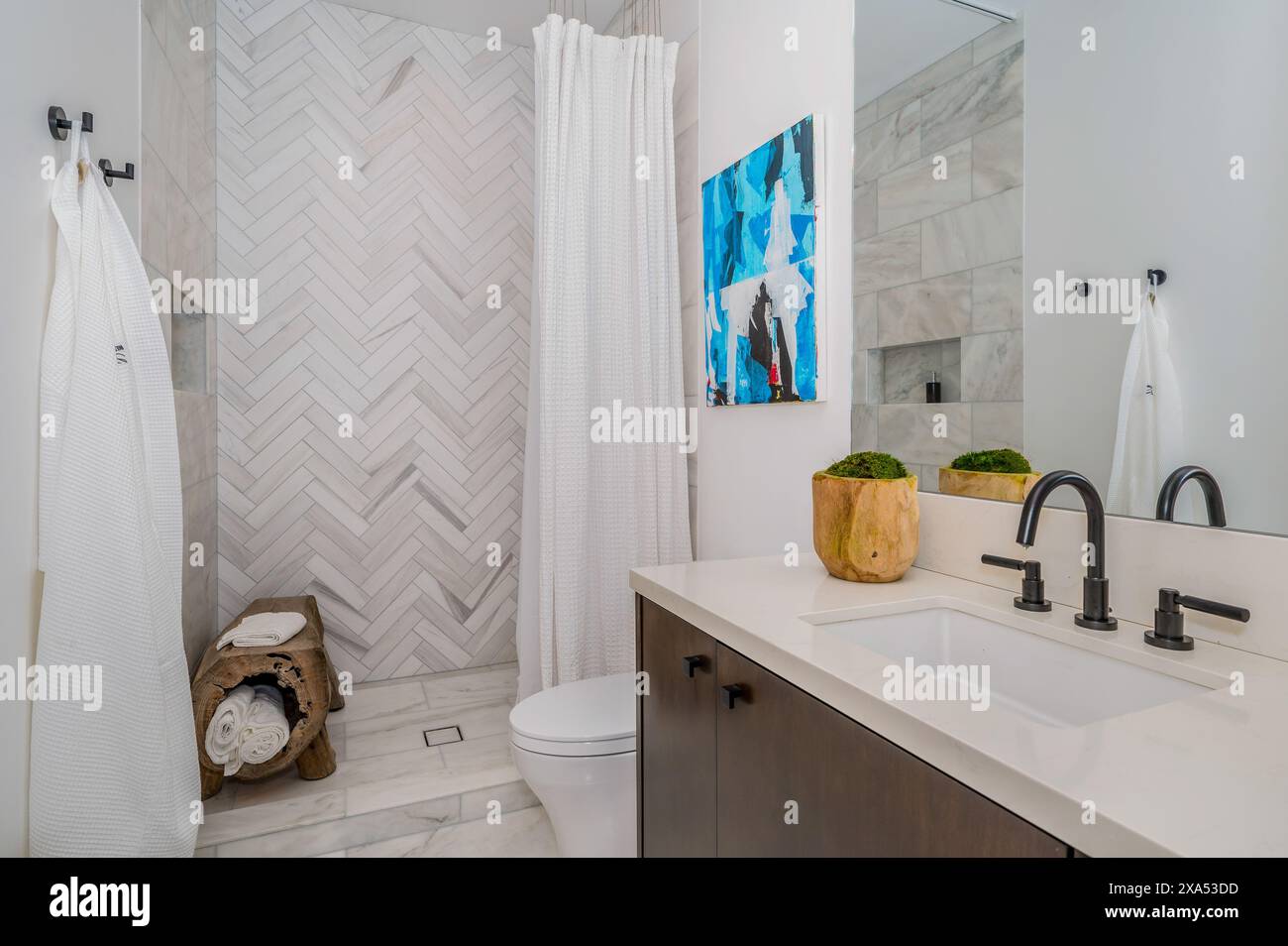 Bathroom interior with sink, toilet, shower, and rug Stock Photo