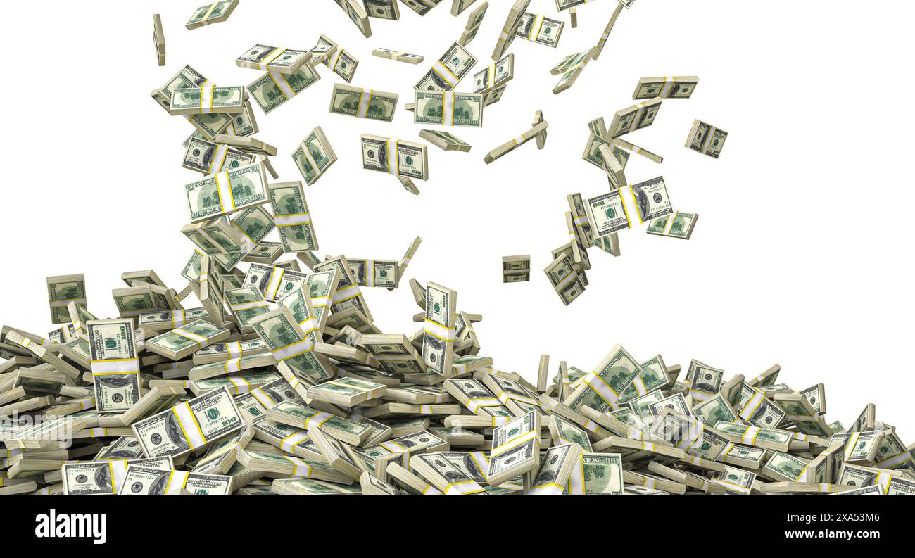 Stacks hundred us dollar bills piling up  cash money raining down Stock Photo