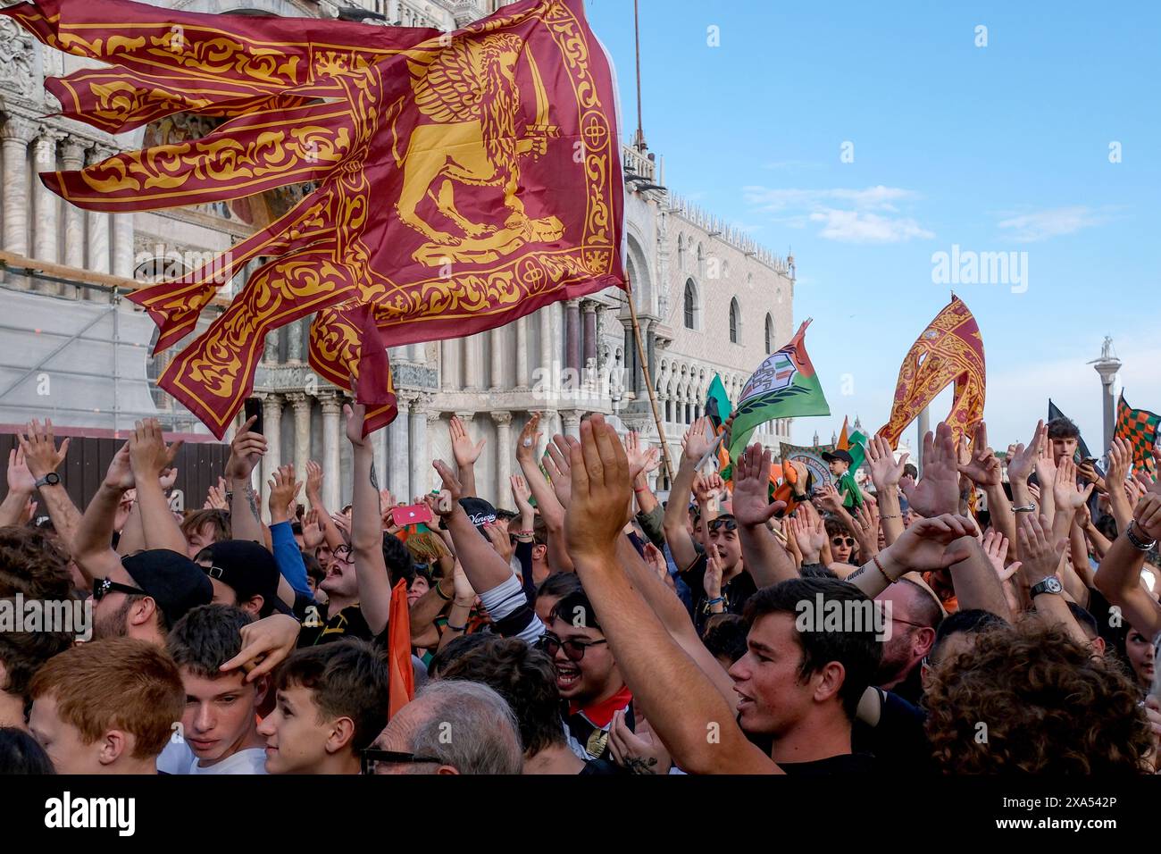 Venezia players celebrate promotion to Serie A with fans on the Grand Canal in Venice June 3 2024. Stock Photo