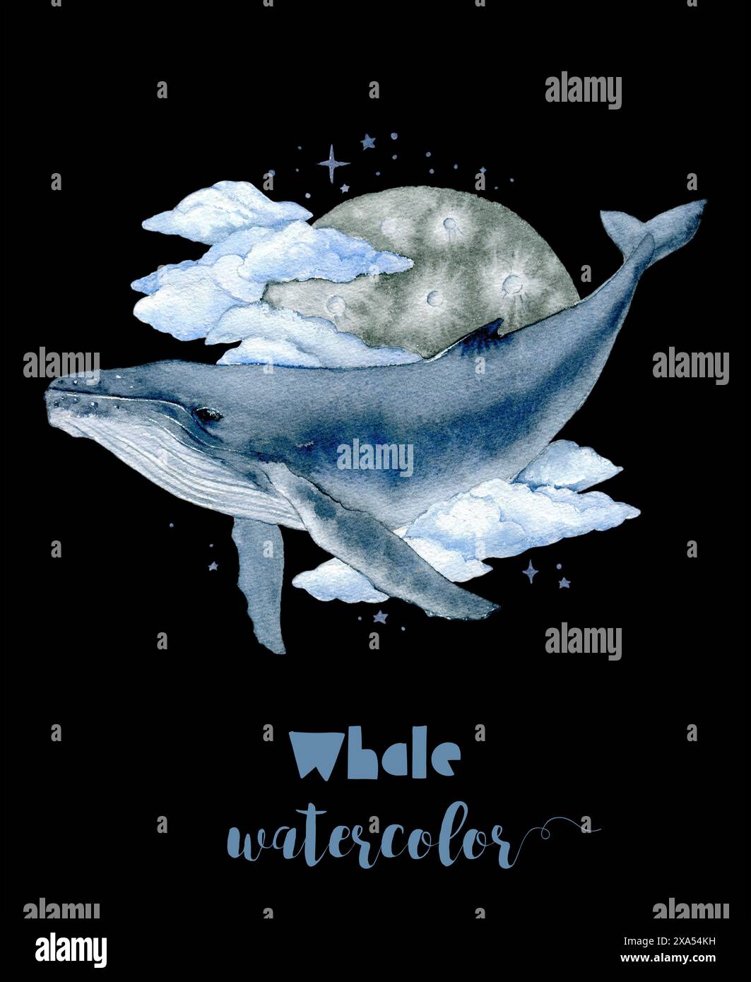 Whale painting with full moon in electric blue circle Stock Photo - Alamy