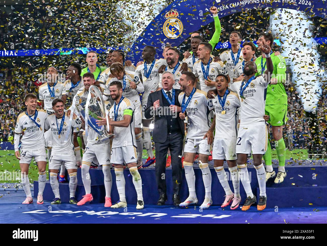 Real Madrid players celebrate their victory after the UEFA Champions League Final 2024 between  Dortmund and Real Madrid at Wembley Stadium. Final score; Dortmund 0:2 Real Madrid. Stock Photo