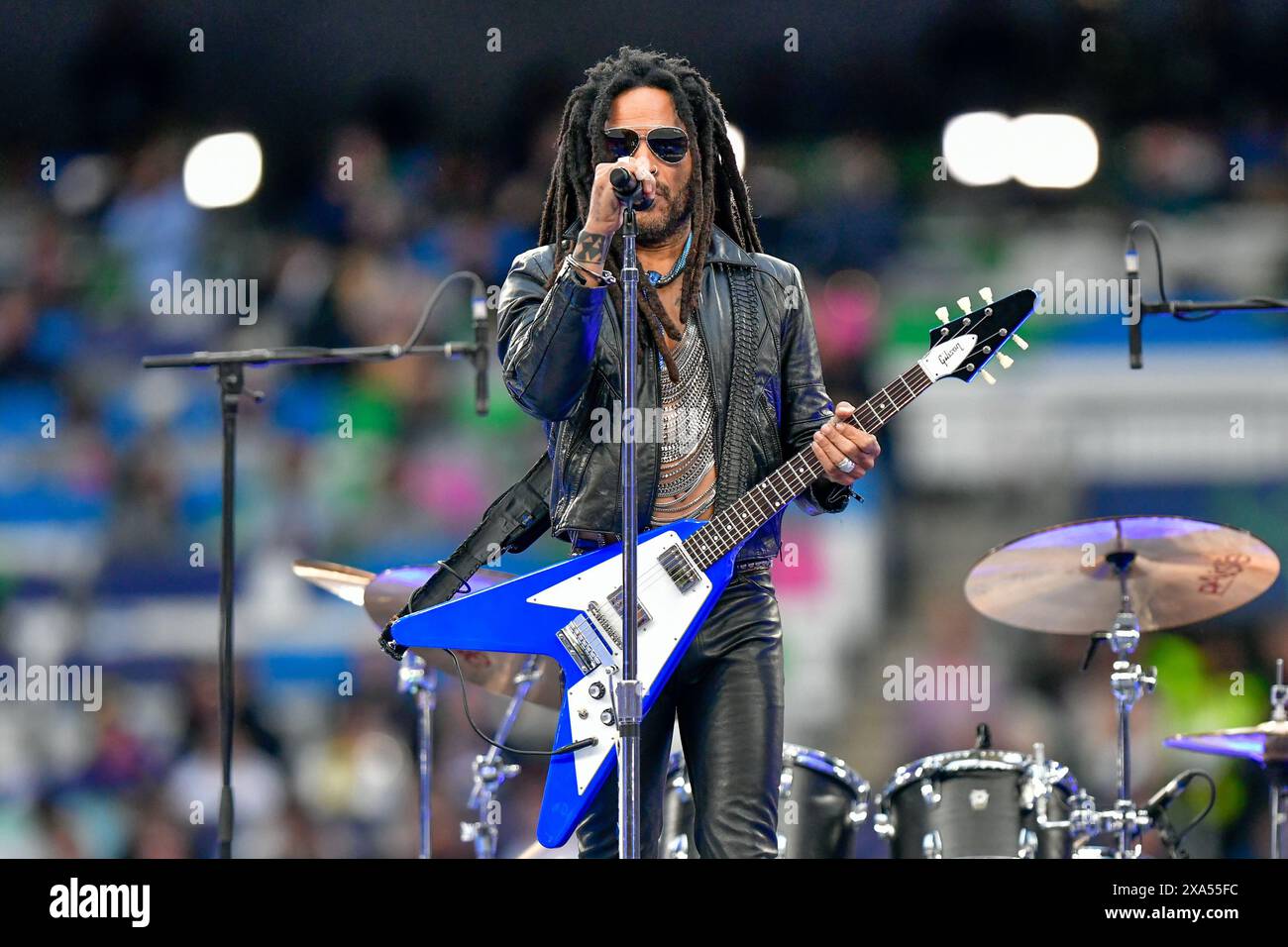 The American singer Lenny Kravitz performs live before the UEFA