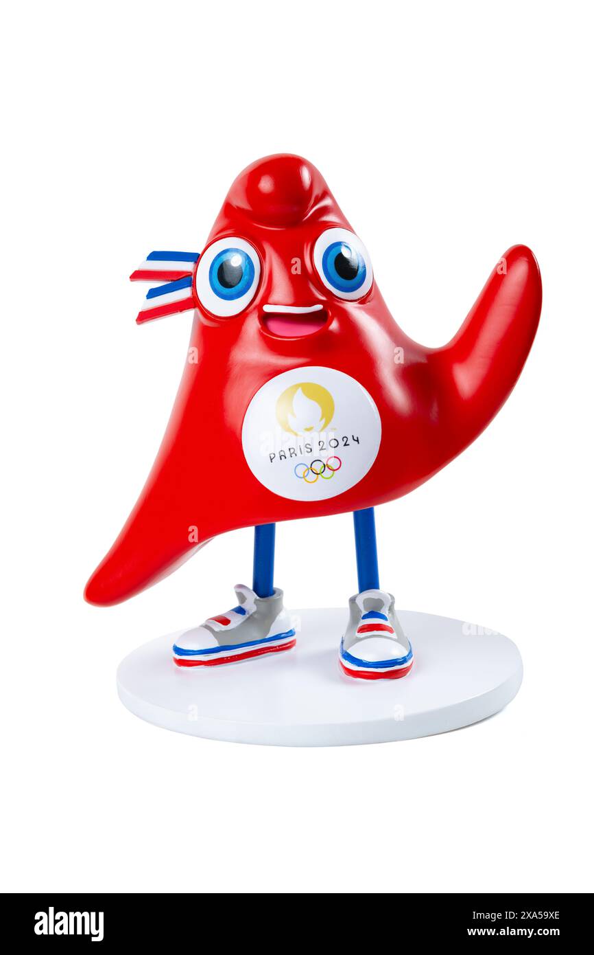 ZHONGSHAN China-May 26 2024: 2024 Paris Olympic Games mascot the Phryge on white background at vertical composition. Stock Photo