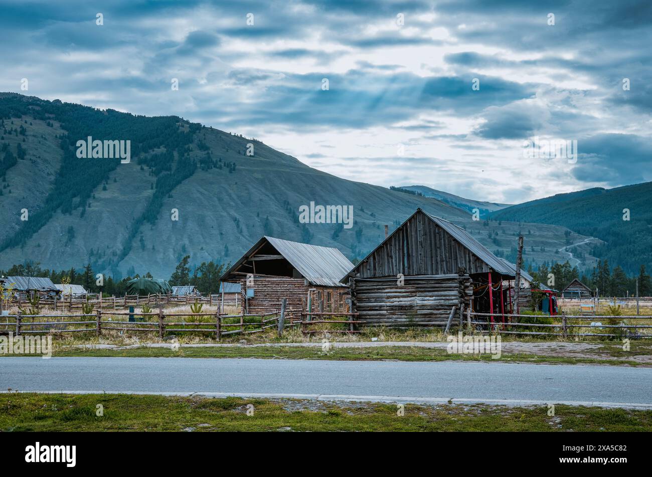 A scenic view of wooden huts in Kanas Area in Altay Region, Xinjiang ...