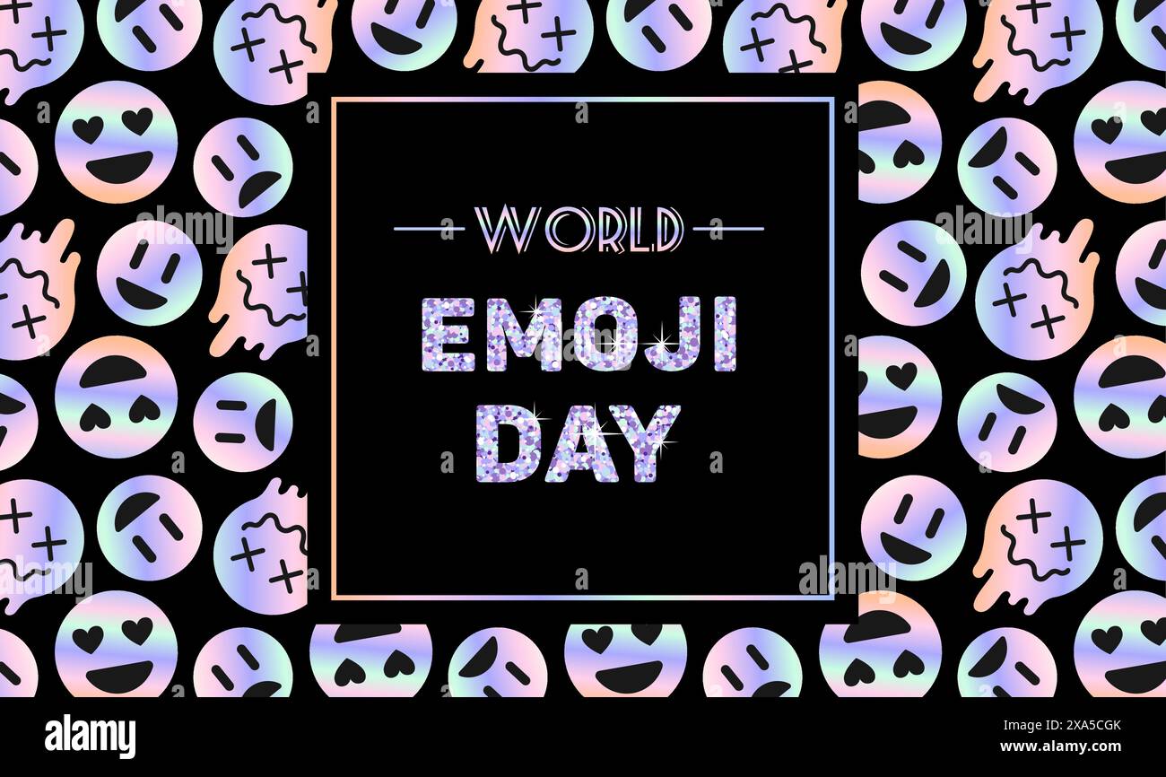 World emoji day vector background template. Metallic holographic Y2k sticker. Shining gradient, emoticons. foil in 2000s style. Aesthetics 90s, 00s. G Stock Vector