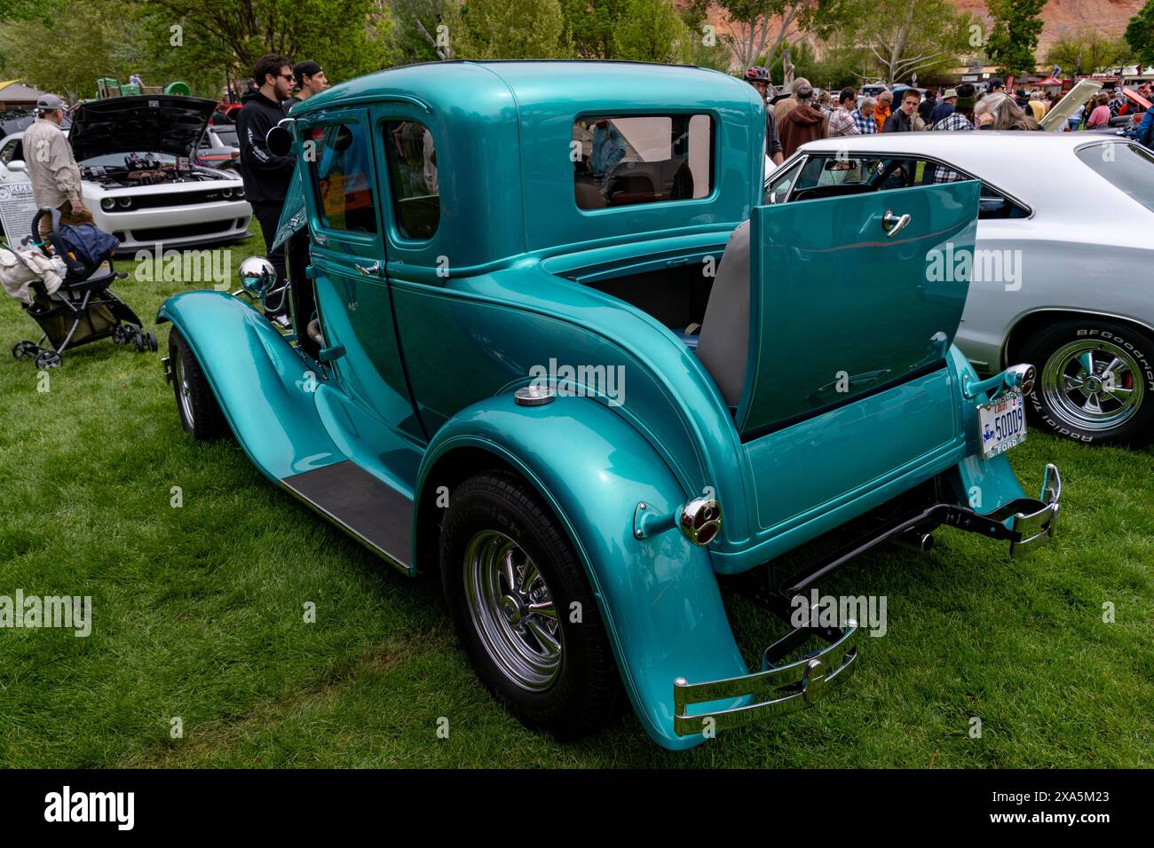 A customized 1930 Ford Model A Coupe in the Moab Rotary Car Show in