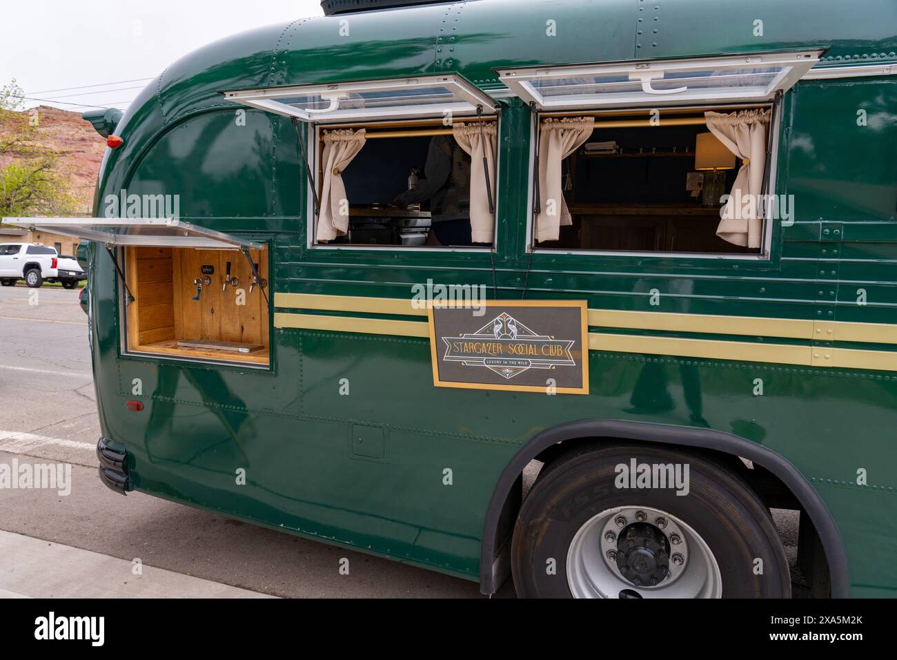 A customized 1981 Crown Supercoach converted to a motorhome in the Moab Rotary Car Show in Moab, Utah. Stock Photo