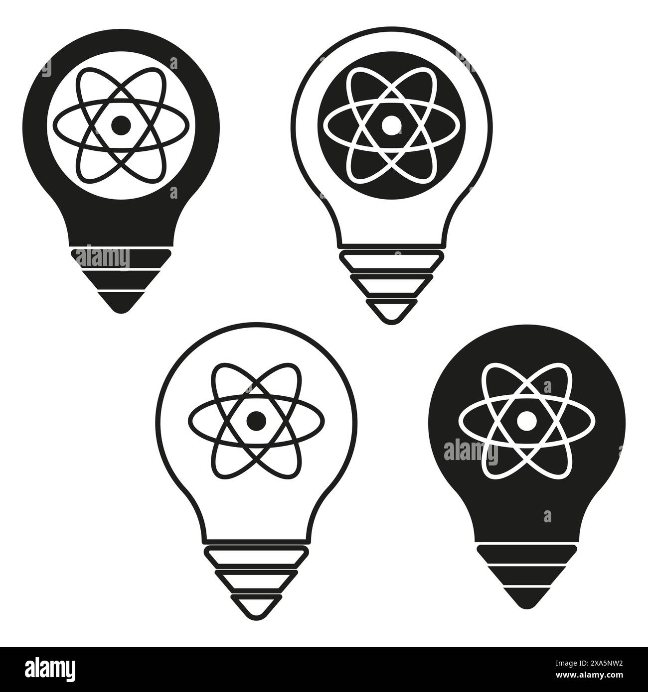 Atom light bulb icons. Science and energy concept. Simple line art. Vector illustration. Stock Vector