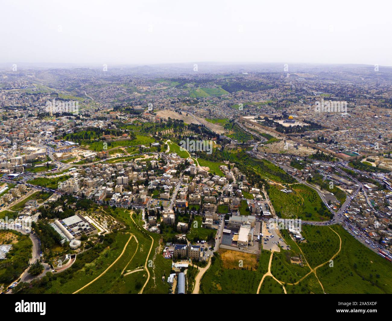 Aerial view of Jerusalem, Israel, featuring the iconic Temple Mount, Kidron Valley, and Mount of Olives. Stock Photo