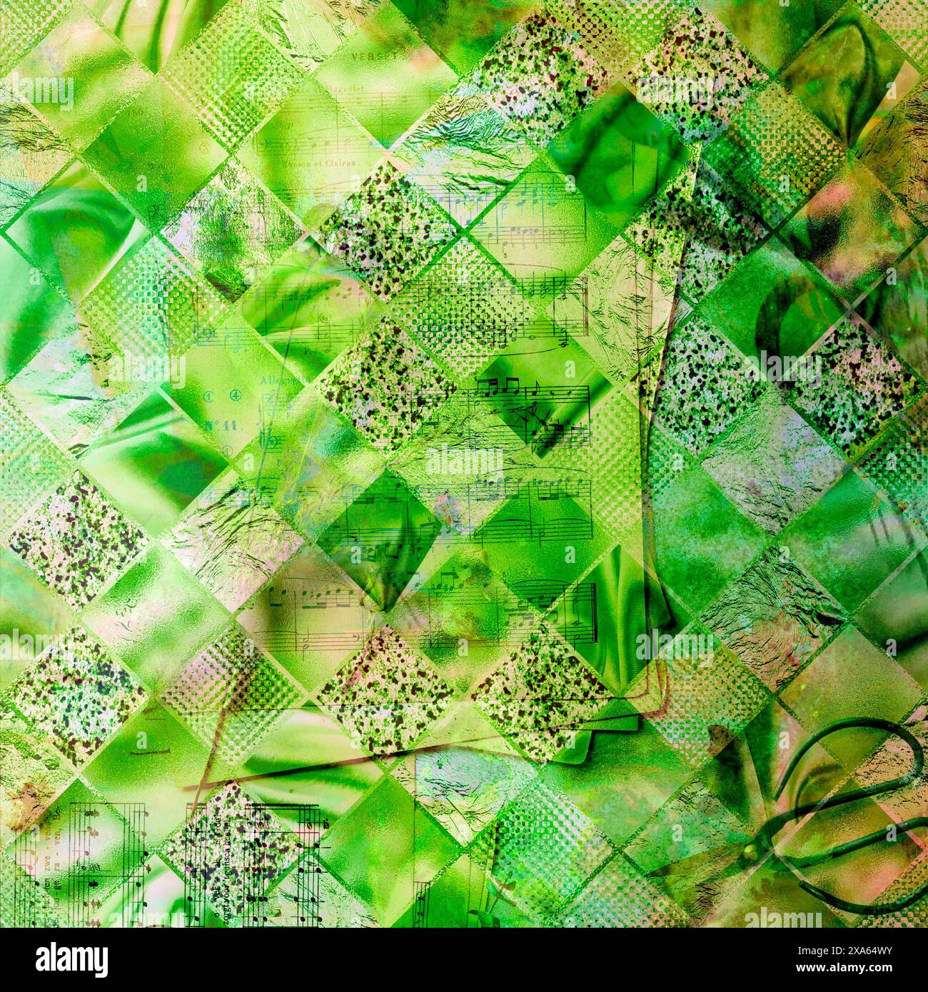 Green quilted patchwork background with square pattern designs Stock Photo