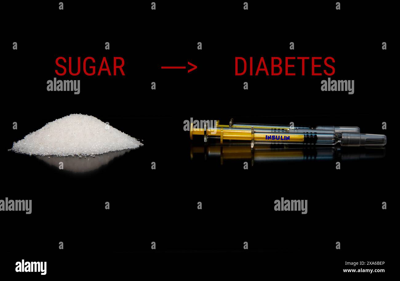 A pile of sugar and a pile of medicine tablets on a black background saying SUGAR LEADS TO DIABETES Stock Photo