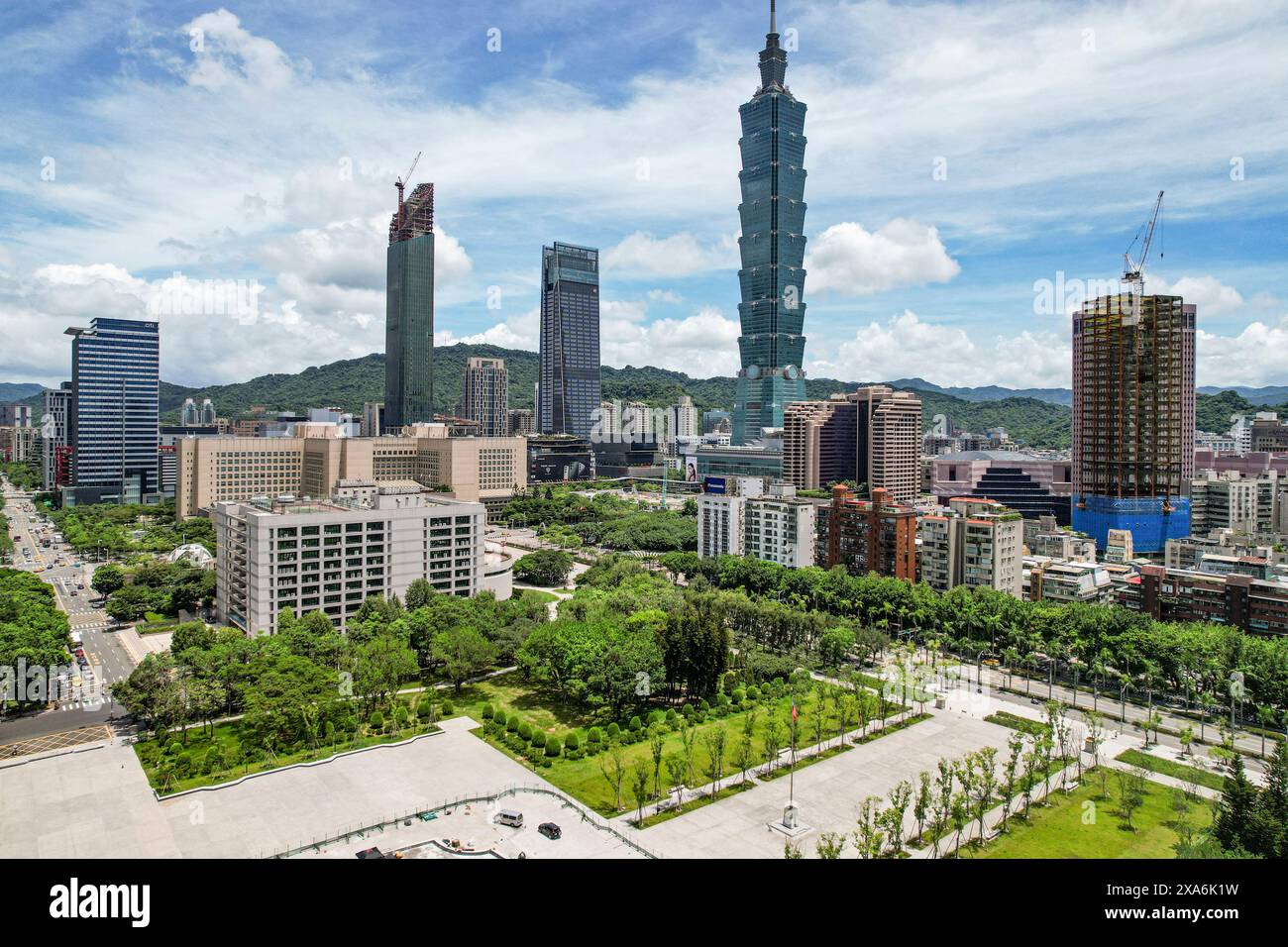 Aerial view of the Taipei skyline and skyscrapers with Taiwan 101 Tower in the centre at daytime Stock Photo