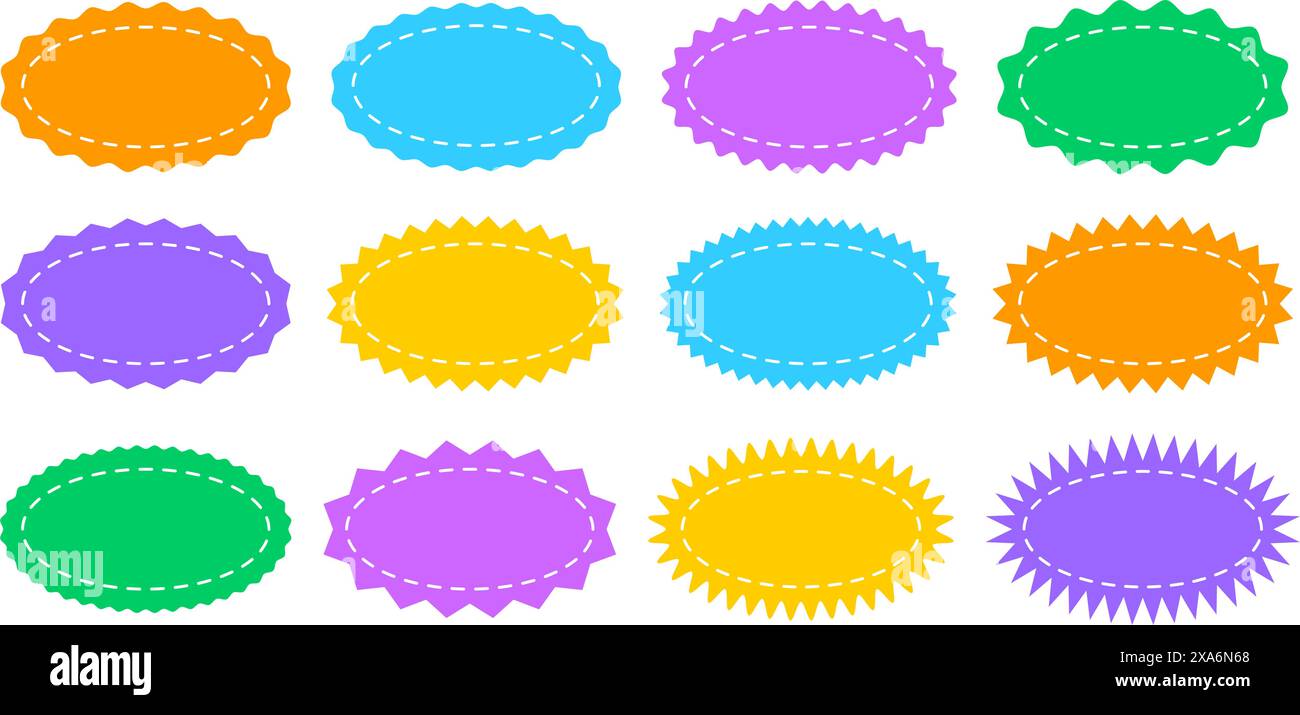 Set or colorful oval shapes with curvy and zigzag borders and stitch lines. Empty price, discount, sale offer, coupon, promo code tags. Speech bubbles, messages or text boxes. Vector flat illustration Stock Vector