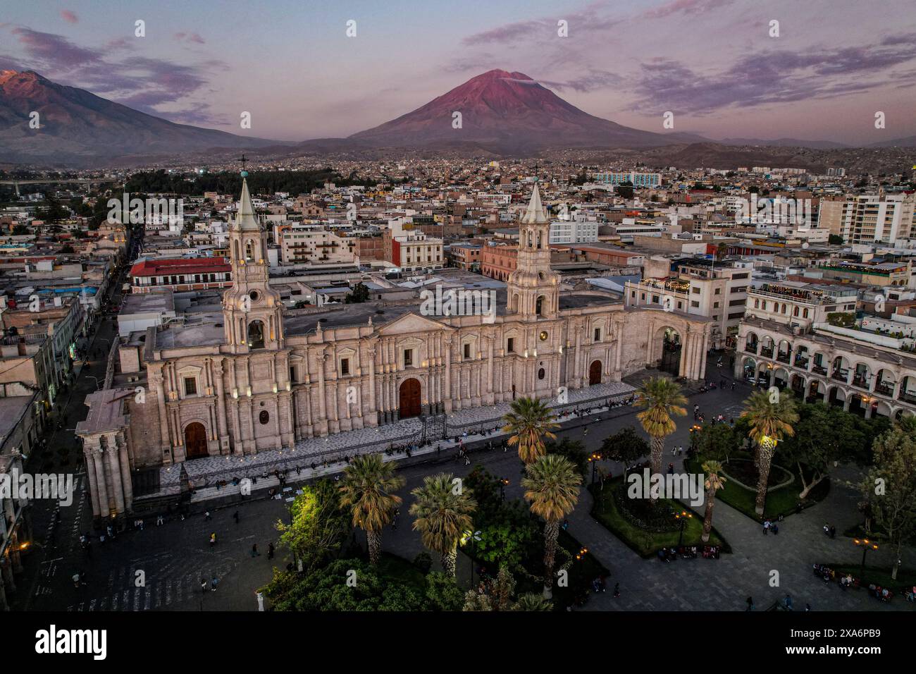 Aerial view of the Arequipa city centre and Plaza de Armas at dusk