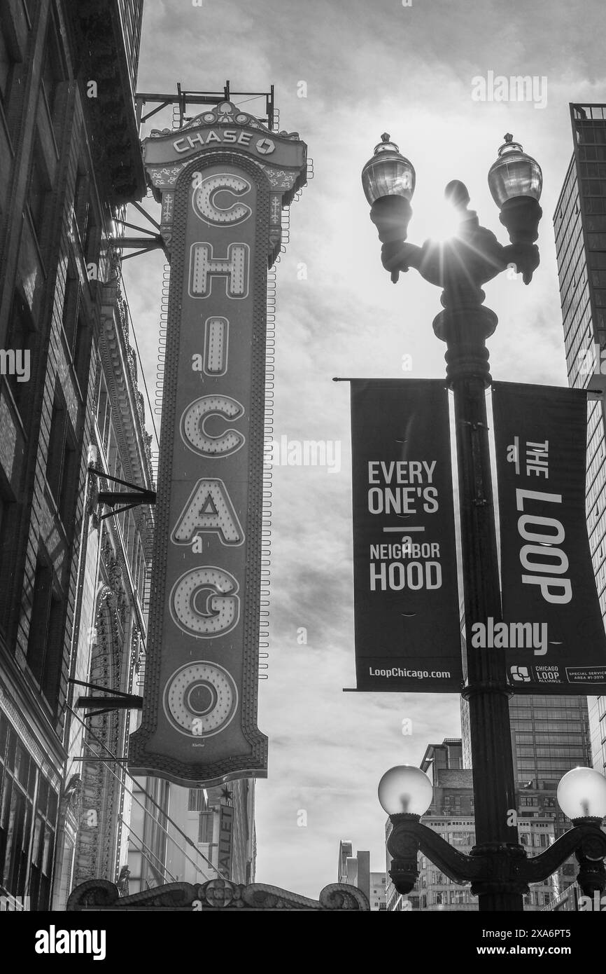 Monochrome photo of iconic Chicago Theatre marquee sign Stock Photo