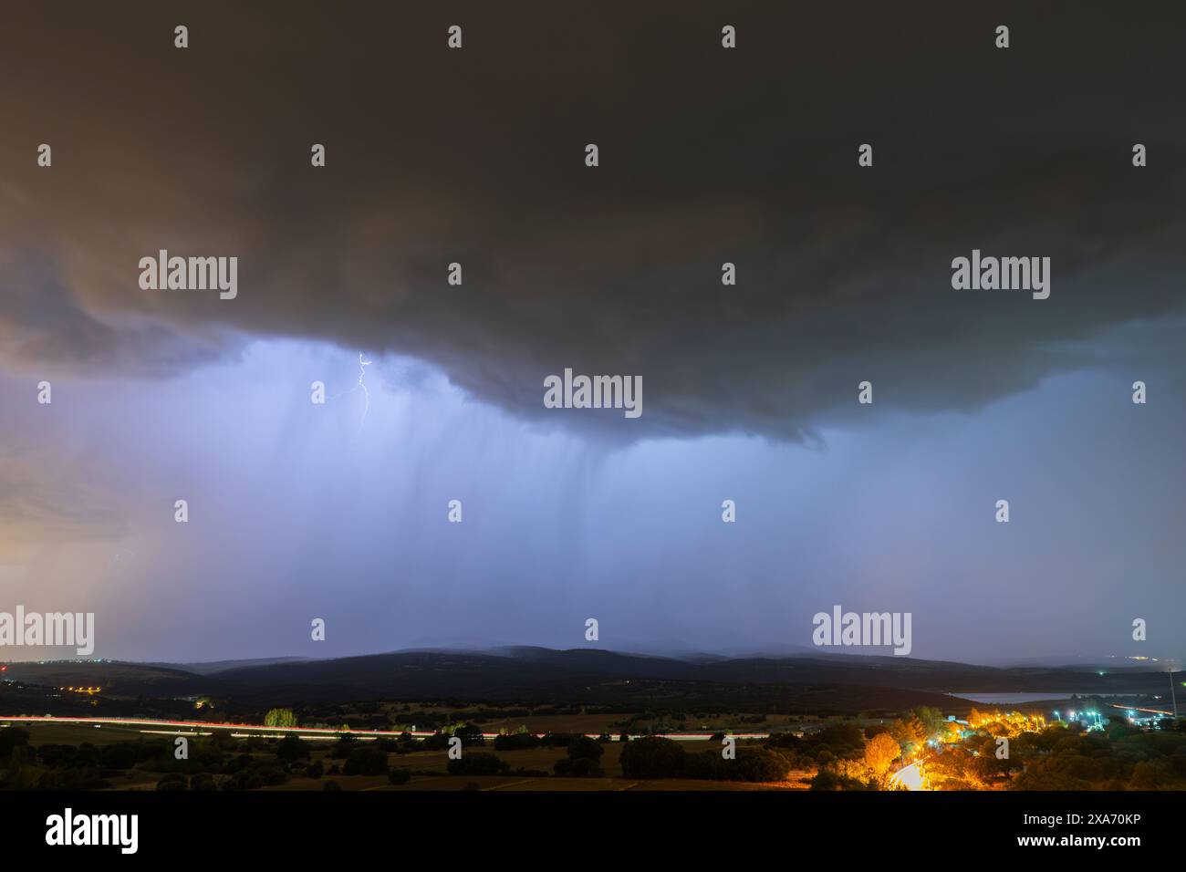 Stormy sky, black and dark. Lightning and thunder light up the night ...