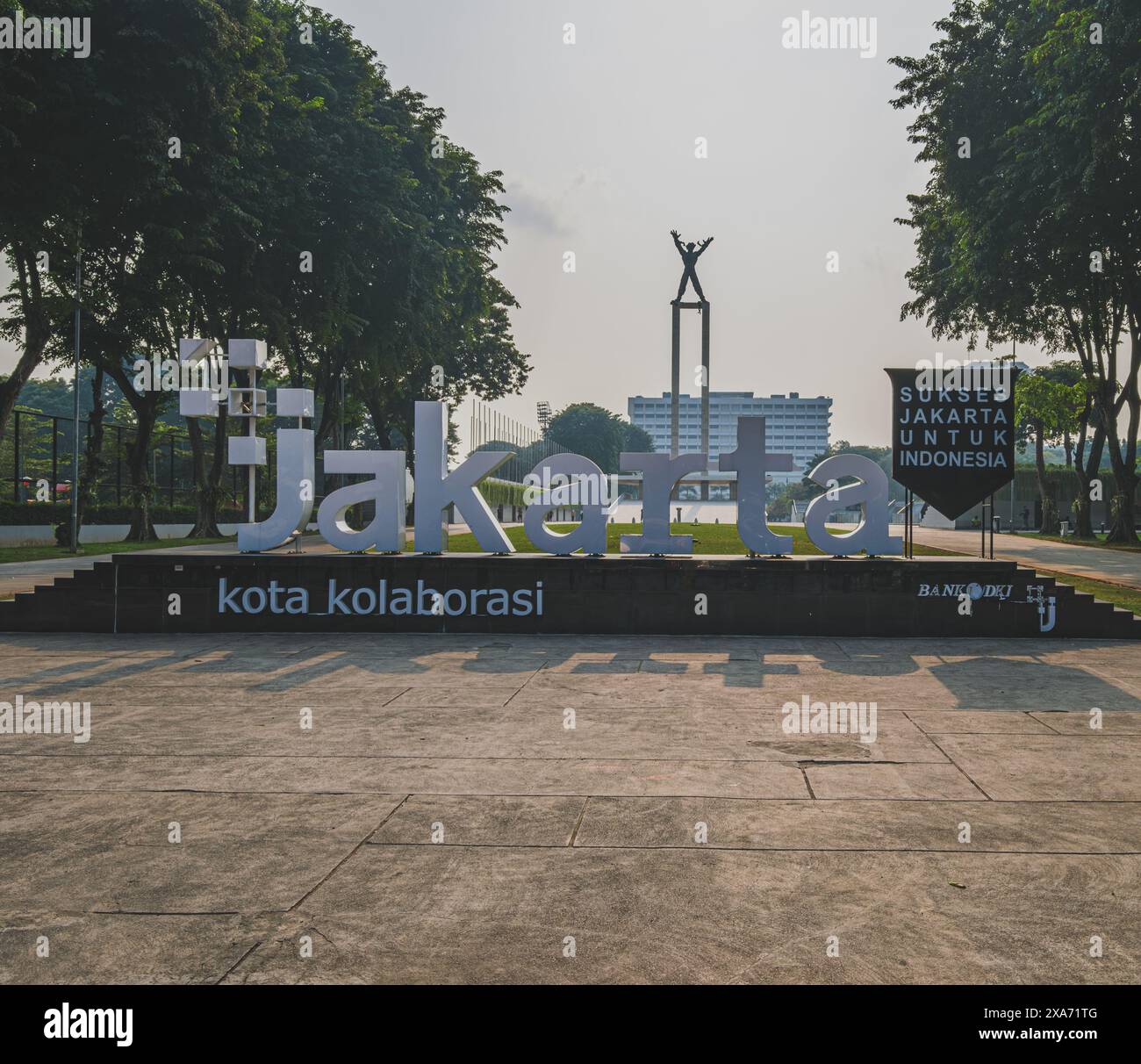 Jakarta, Indonesia - May 8th, 2024. Jakarta sign with the Indonesian phrase 'Sukses Jakarta untuk Indonesia' below it. The phrase translates to 'Succe Stock Photo