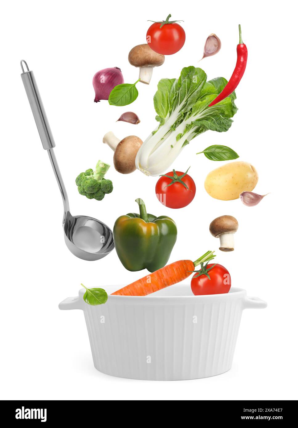 Fresh ingredients falling into saucepan on white background Stock Photo