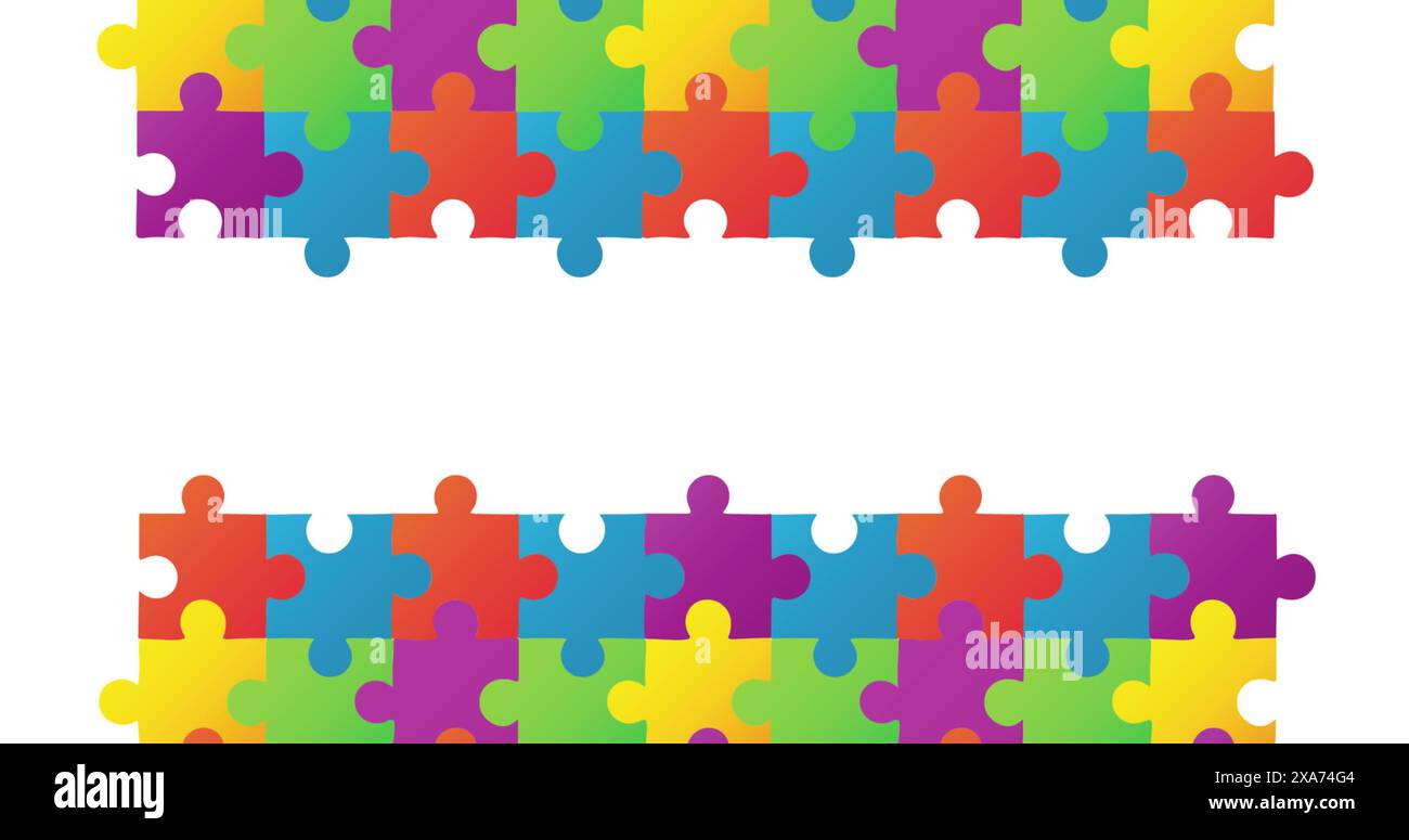 Image of multicolor jigsaw puzzle pieces forming two rectangles against white background Stock Photo