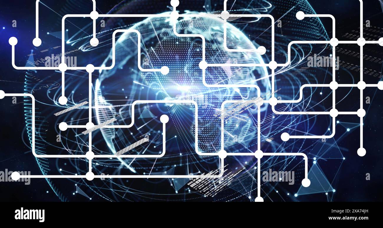 Image of network of connections over globe and data processing Stock Photo
