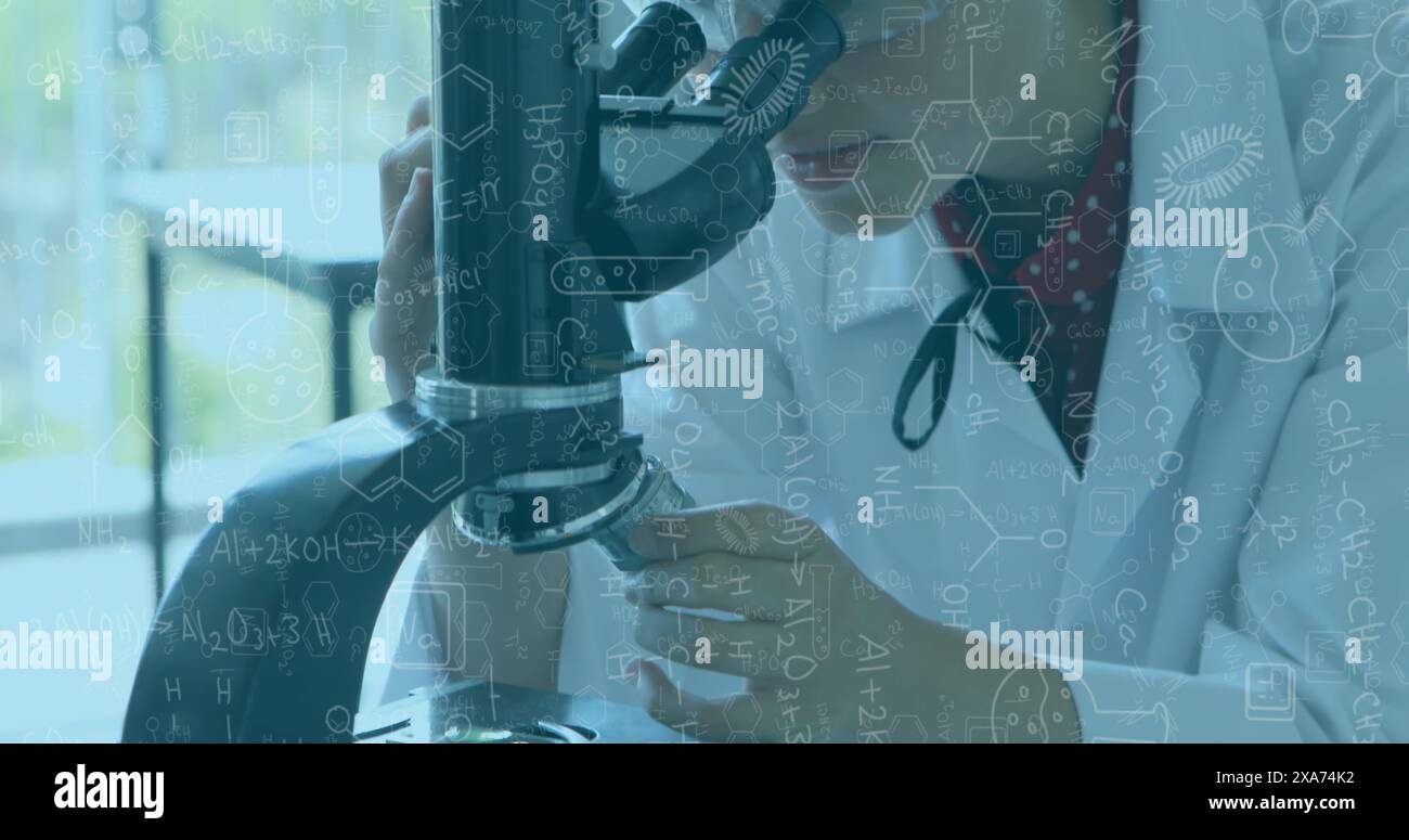 Image of scientific formulas over female scientist using microscope Stock Photo