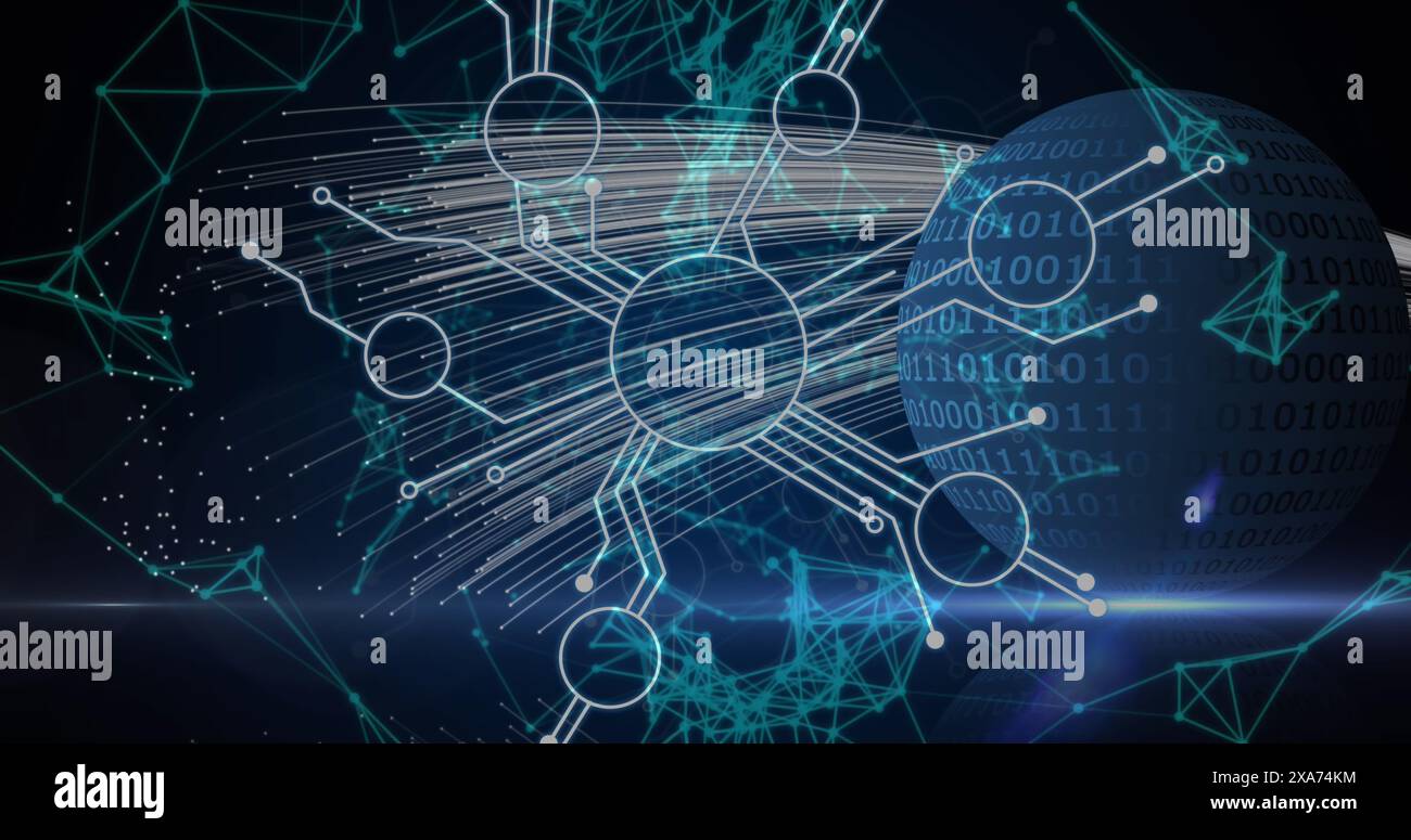 Image of network of connections and binary coding processing on globe Stock Photo