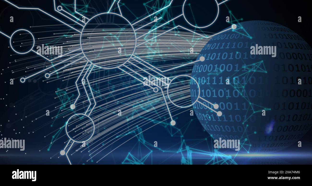 Image of network of connections and binary coding processing on globe Stock Photo