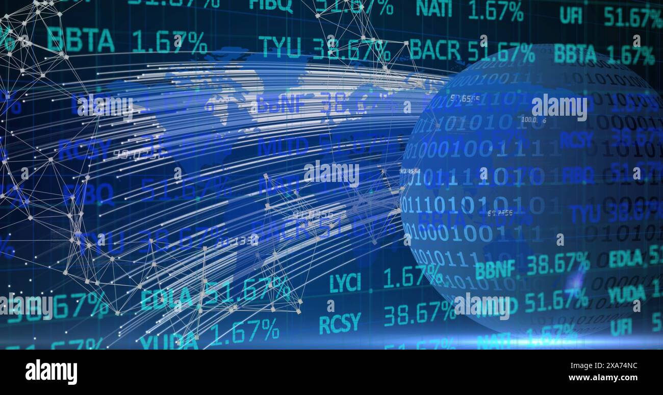 Image of financial data processing and binary coding processing on globe Stock Photo