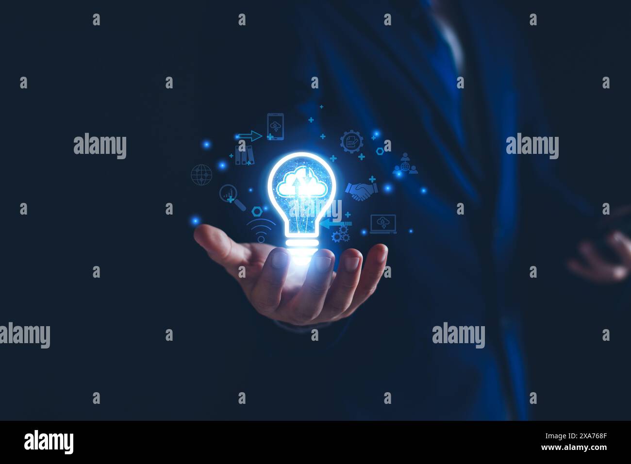 Businessman using cloud technology connect business data. Cloud computing concept idea show on hand. Internet Cloud technology. Digital Data storage. Stock Photo