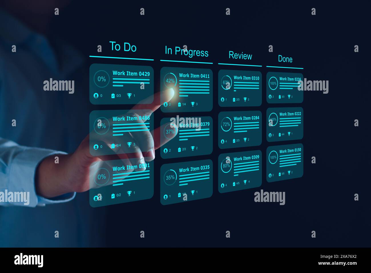 Agile software development or project management using kanban or scrum methodology boards on screen. Process, workflow, visual organisation tools and Stock Photo