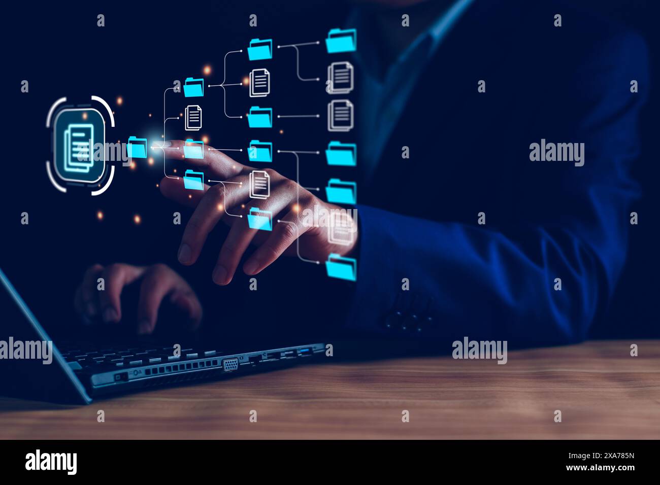 Document management system, DMS and business process system automation technology. Finger touching document icon on virtual screen. File storage data Stock Photo