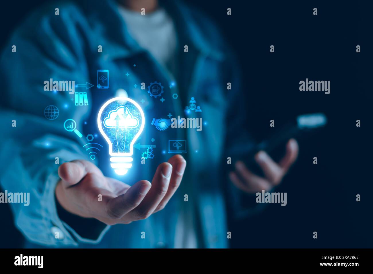 Businessman using cloud technology connect business data. Cloud computing concept idea show on hand. Internet Cloud technology. Digital Data storage. Stock Photo