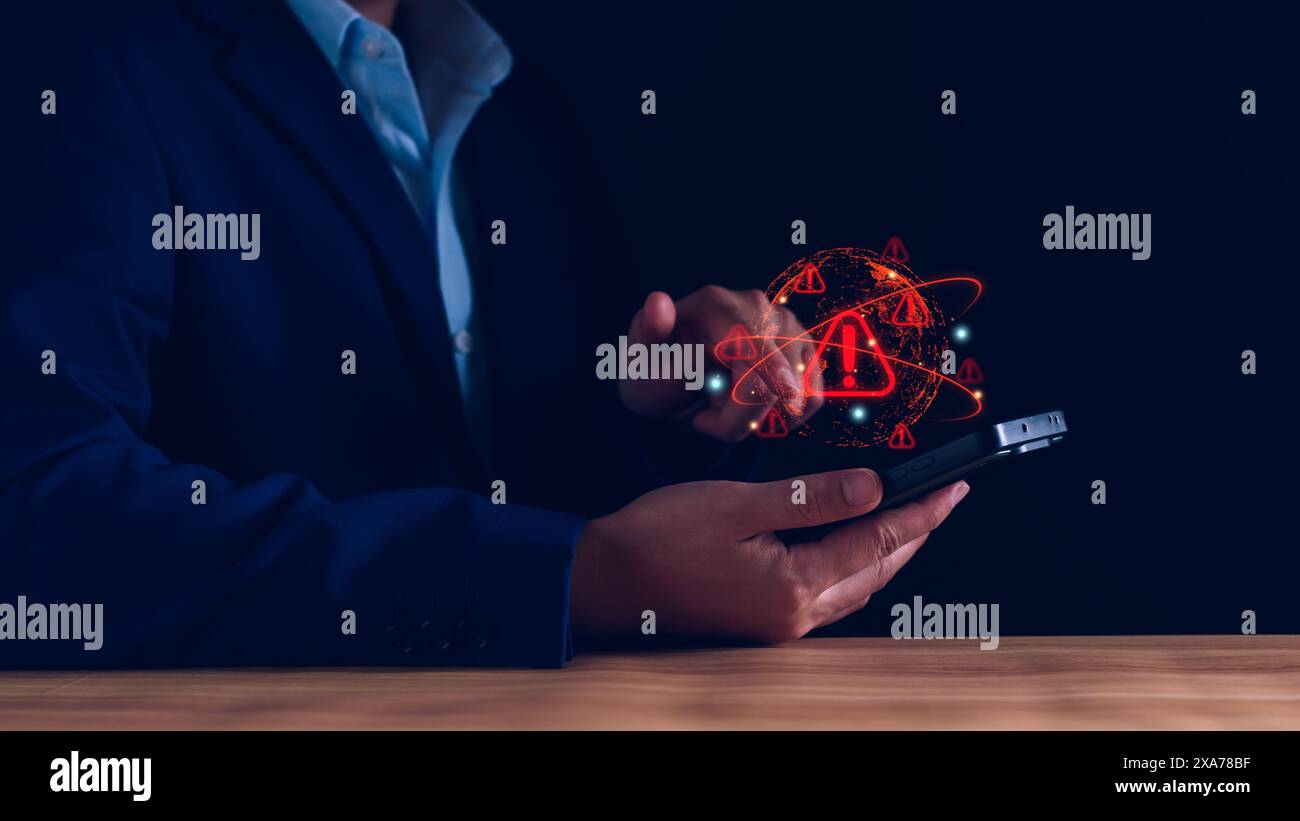 System warning hacked alert, cyber attack on computer network ...