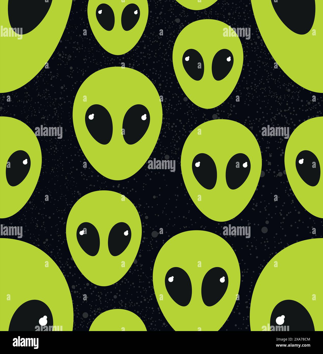 Green alien heads seamless pattern with universe stars background Stock Vector