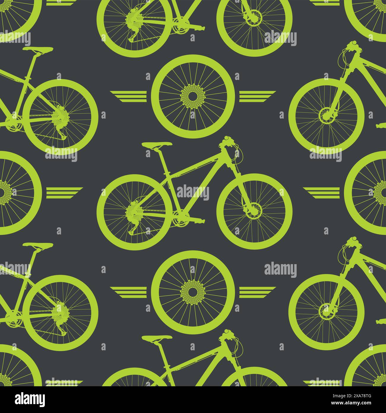 Green bicycle wheel and mountain bike seamles pattern over grey background Stock Vector