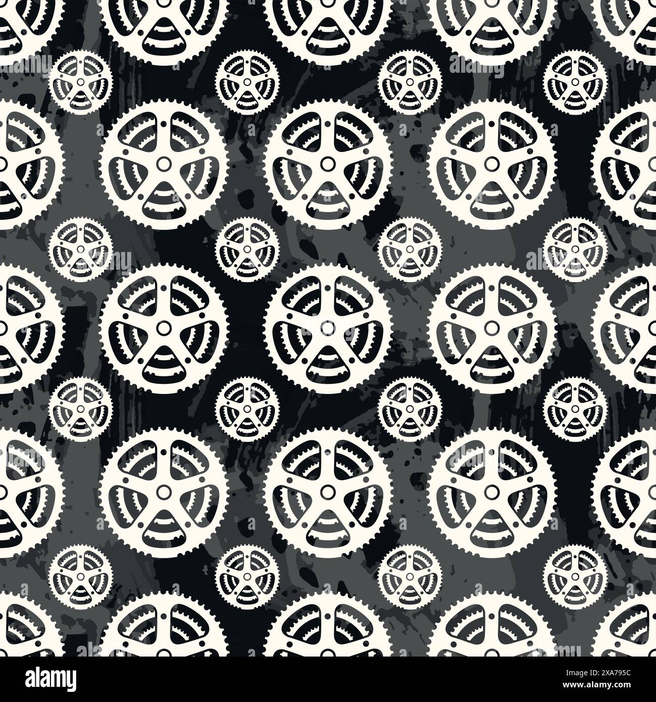 White bike chain ring seamless pattern over dark grey water color effect at background Stock Vector