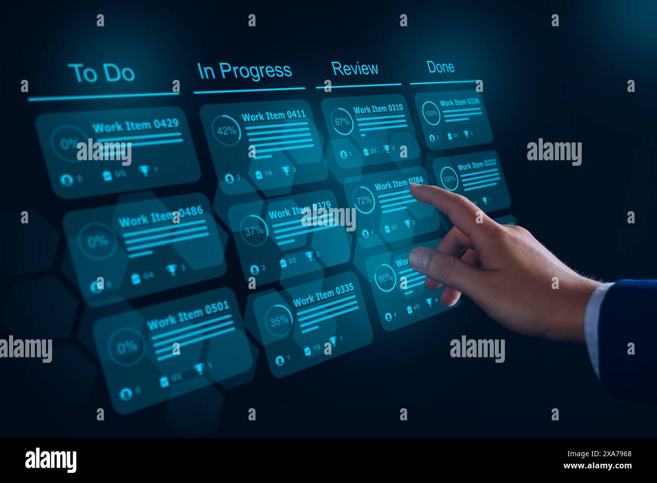 Agile software development or project management using kanban or scrum methodology boards on screen. Process, workflow, visual organisation tools and Stock Photo