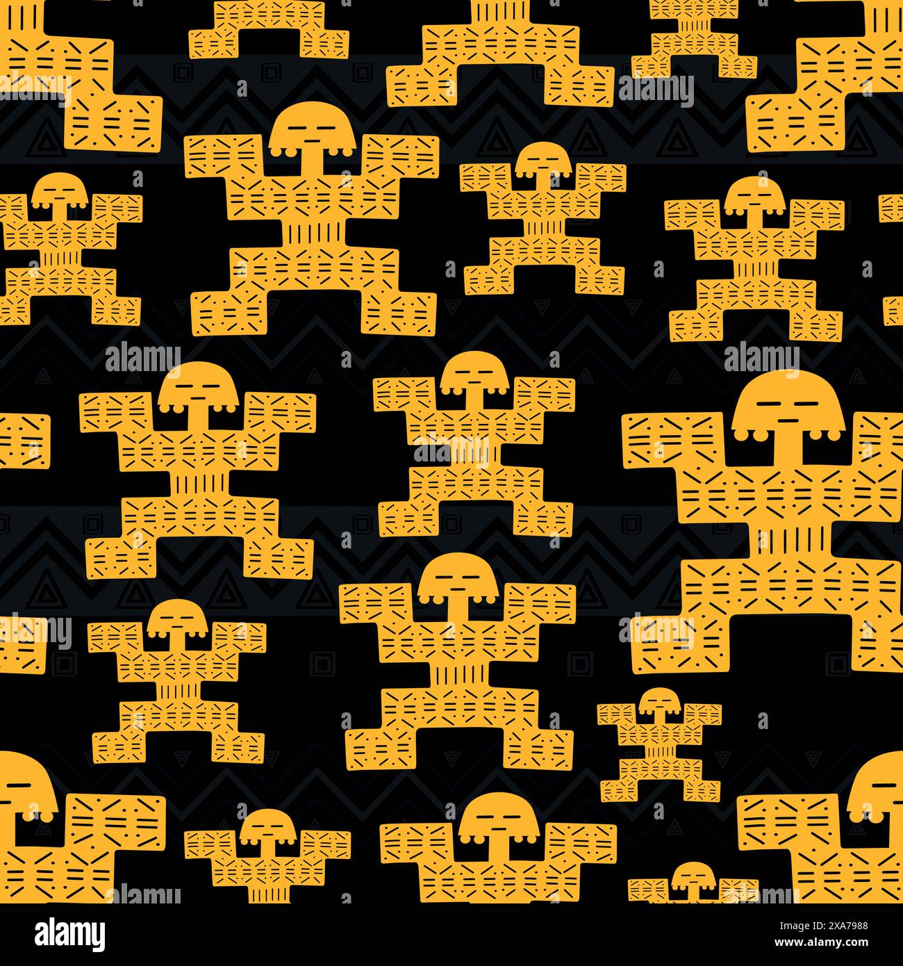 Ancient colombian golden figure seamless pattern over black background Stock Vector