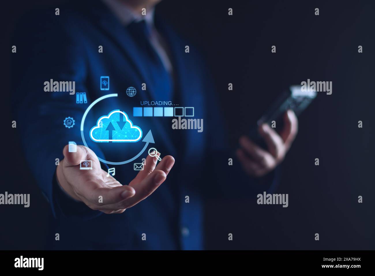 Cloud computing diagram show on virtual screen. Cloud syncing technology. Data storage. Network internet service concept, Big Data, upload, download, Stock Photo