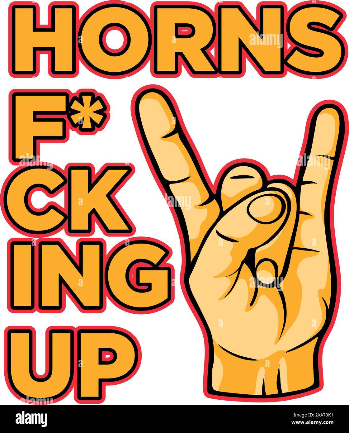 A male hand with rock music symbol knowed as horns up with lettering