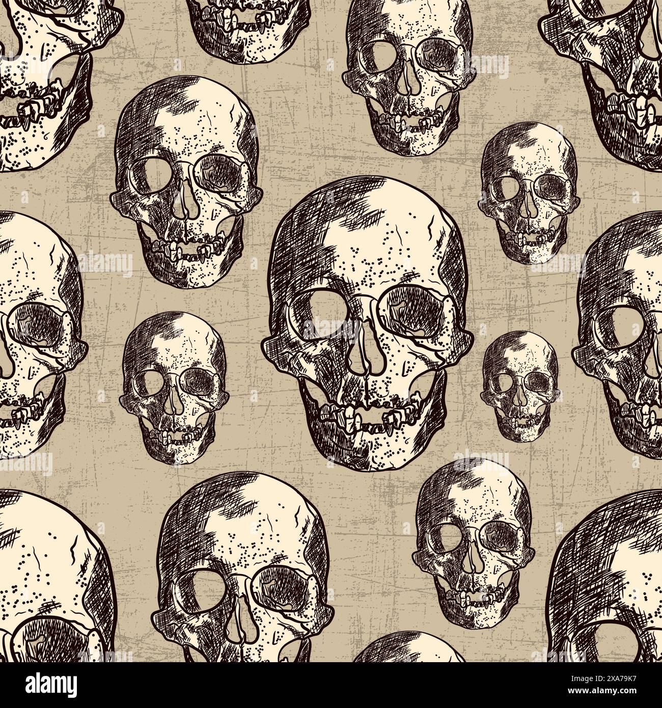 realistic human skull seamless pattern with worn out effect at background Stock Vector