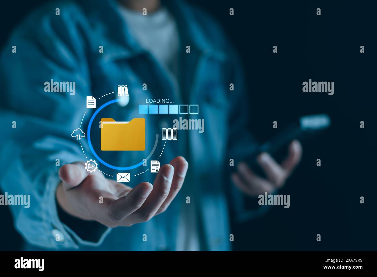 Document management and network system concept. Businessman use smart tablet loading documents in online archives ,Document management Storage and tec Stock Photo