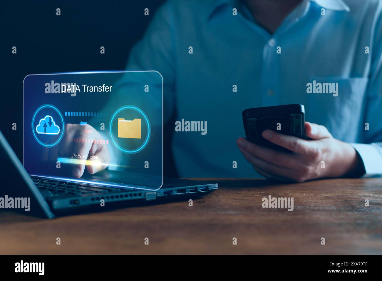 Database management cloud computing and data center security file document transfer concept, Businessman transfer data online security system in busin Stock Photo